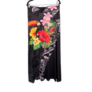 Maxi Skirt 4XL Plus Black Floral Island Tribal Boho Hawaiian Wrap Pull On Beach